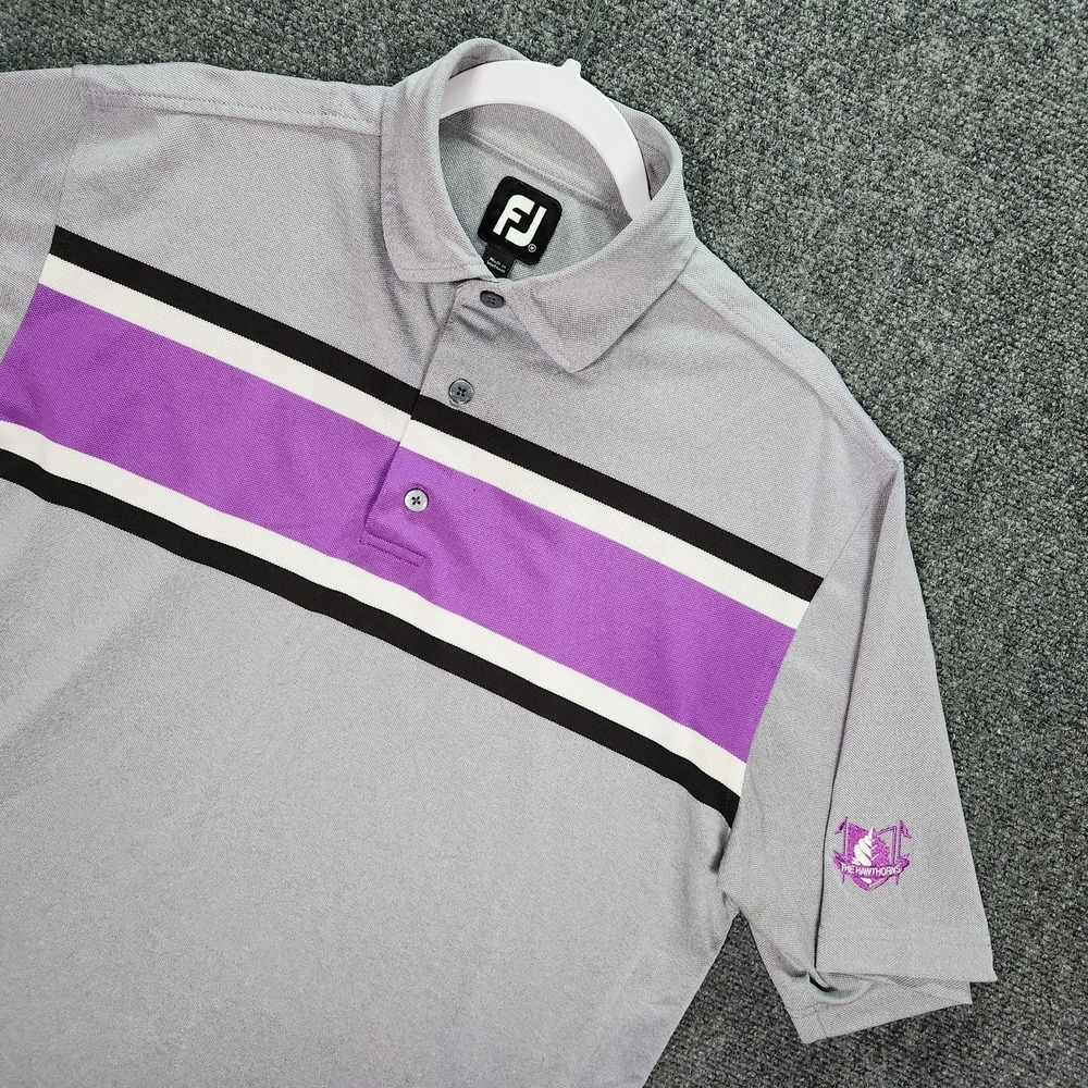 FootJoy Mens Striped Color Block Golf Polo Shirt FJ Purple Black Gray Sz Medium